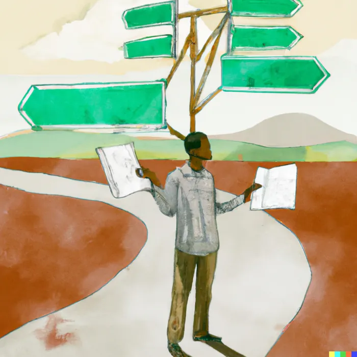 Image shows a painting generated by DALL-E of a man standing at a crossroads holding stacks of papers